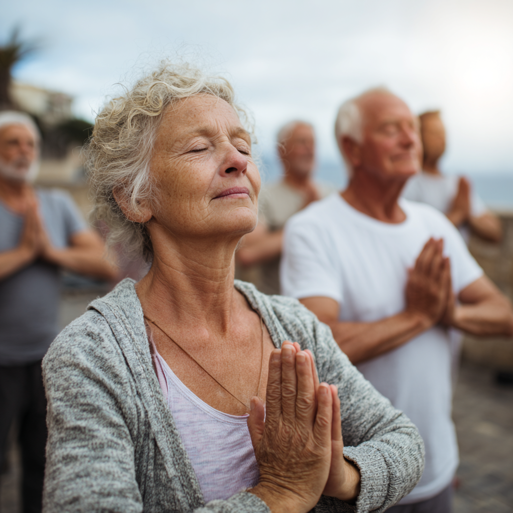 Peaceful elderly European woman practicing yoga in lotus position with serene expression, surrounded by soft natural lighting