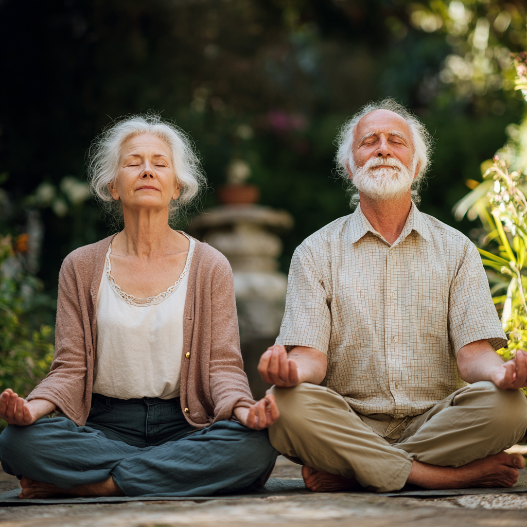 Elegant elderly European woman demonstrating proper yoga breathing technique with hands on chest, peaceful garden background