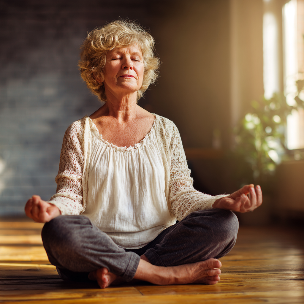 Graceful elderly European woman in gentle yoga stretch pose showing flexibility, wearing comfortable yoga attire in bright studio